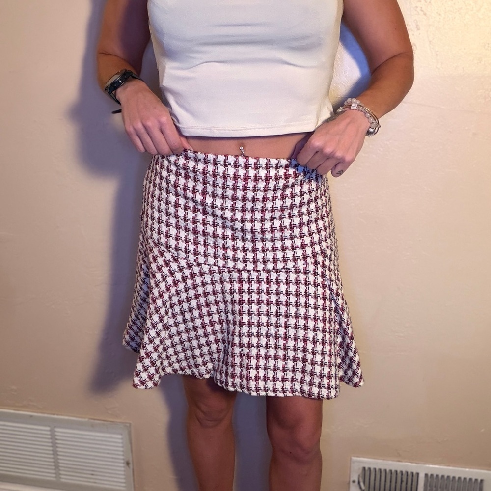 Chic Maeve Anthropologie Pink White Black Houndstooth Plaid Wool Skirt